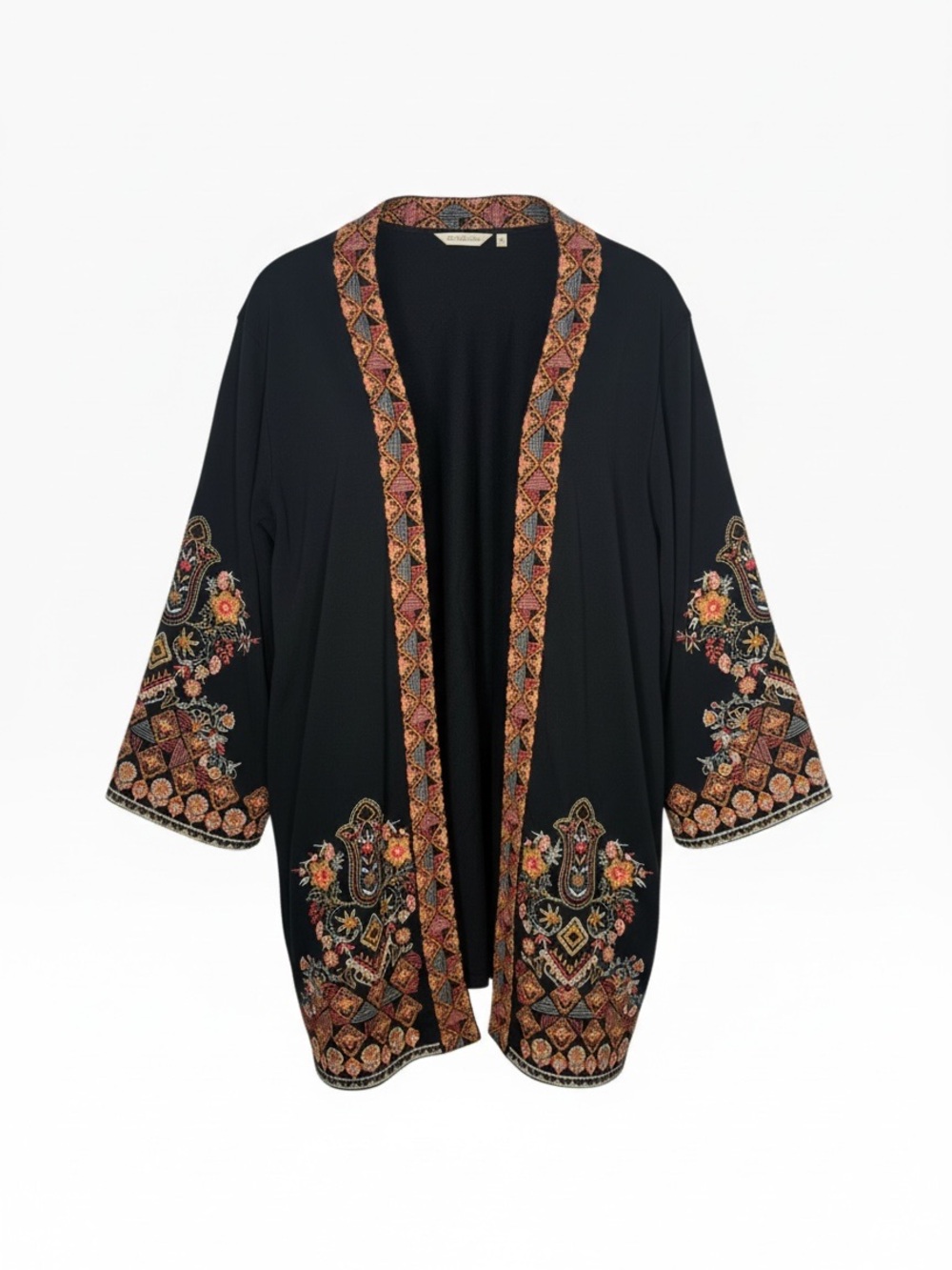 Soft Surroundings Black Embroidered Multicolor Kimono Open Cardigan 1X Boho